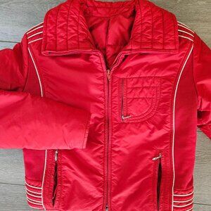 Vintage Women's red short puffer jacket with white piping detail